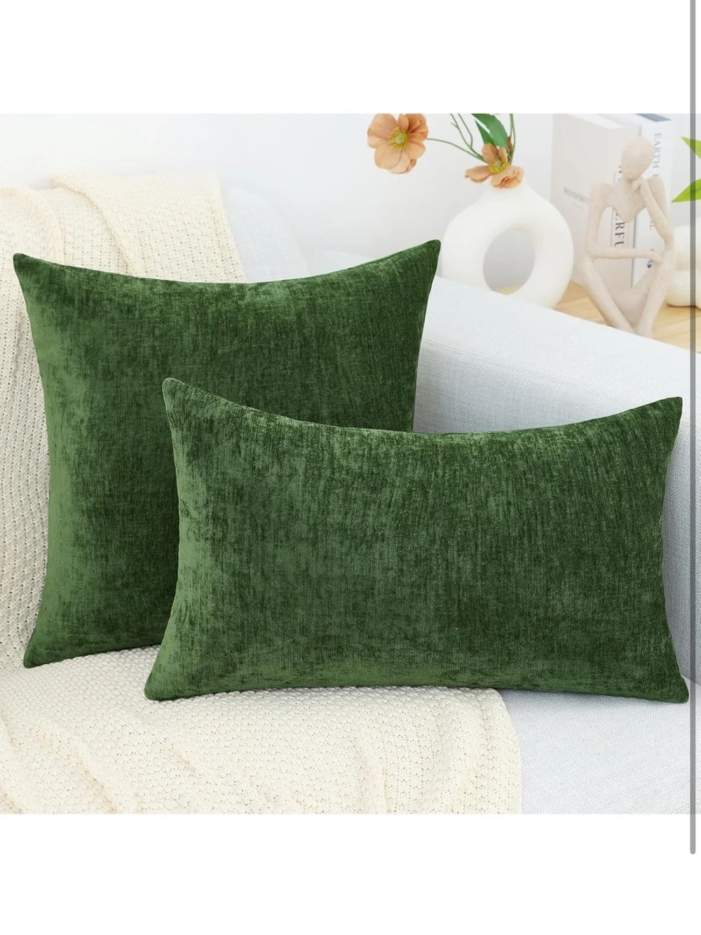 Chenille Moss Green Throw Pillow Covers 24x24 Inch Set Of 2, 1779/bb8s-1